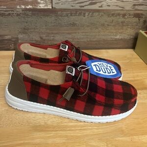 Hey Dude Red and Black Plaid Sneakers